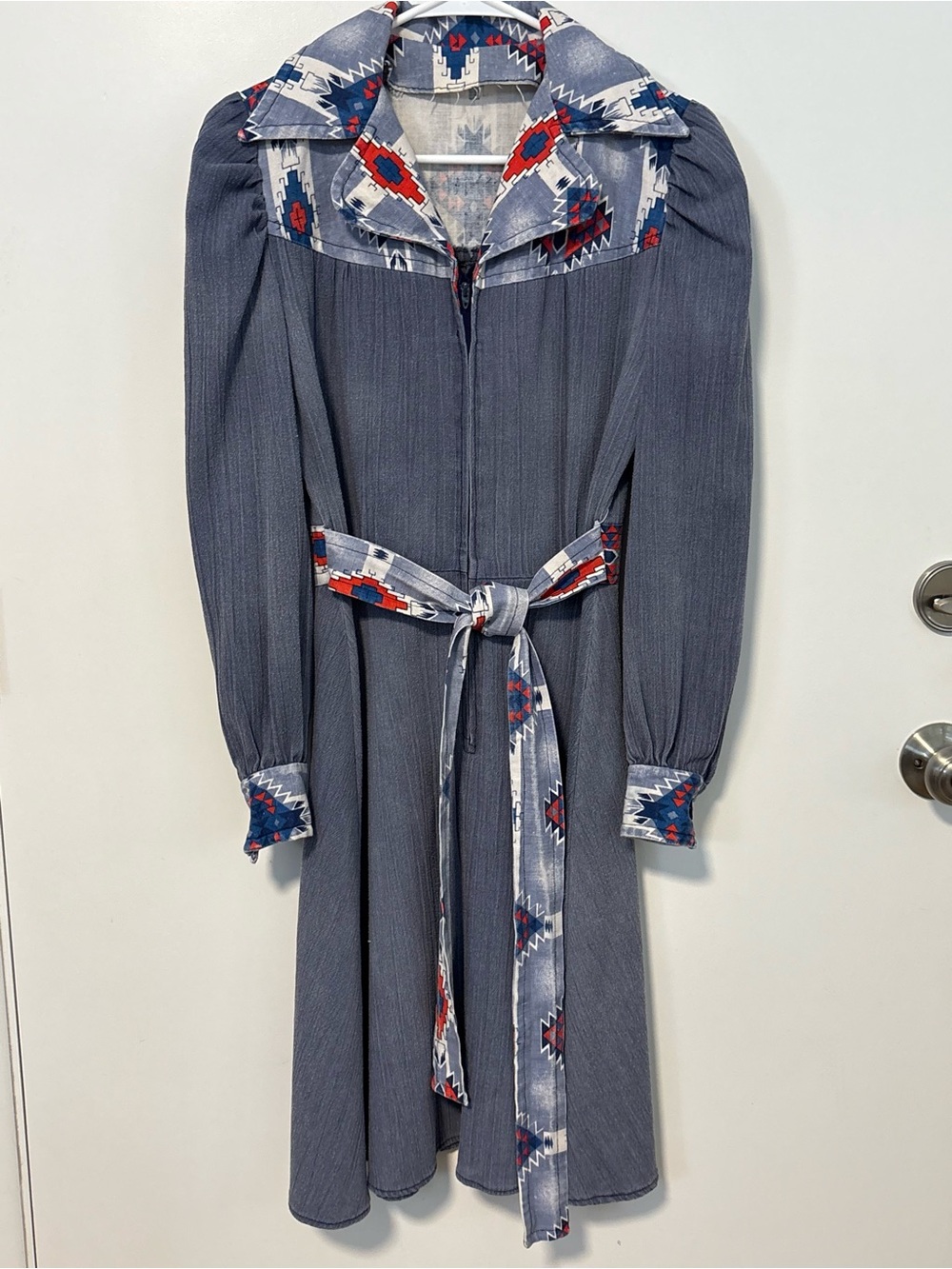 Blue Long Sleeve Belted Dress with Southwestern Trim